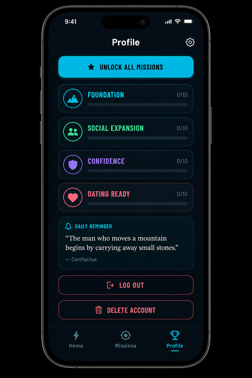 Hook Profile screen showing Delete Account button